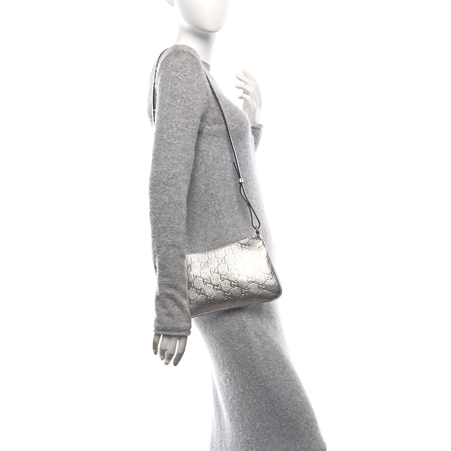 Metallic GG Grainy Calfskin Emblem Medium Shoulder Bag Silver