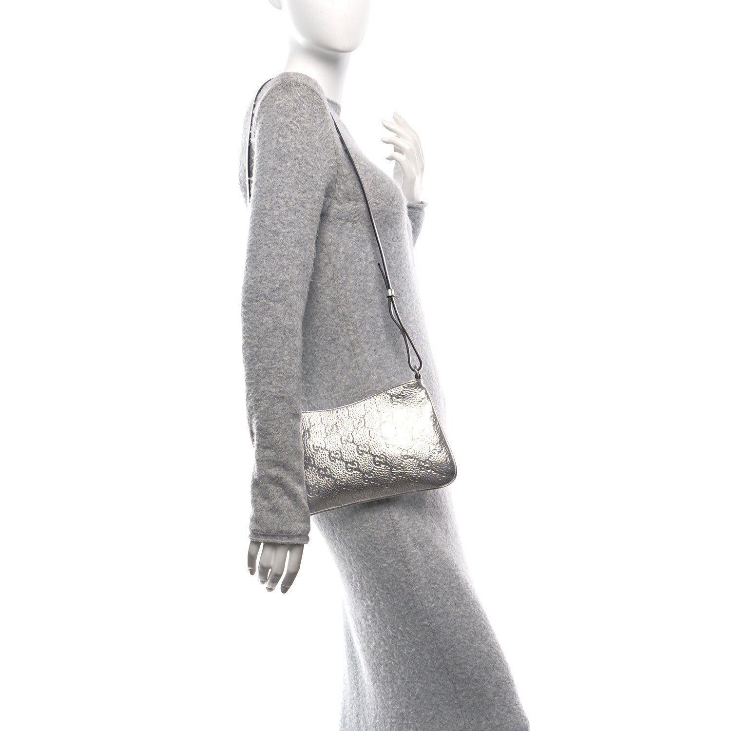 Gucci Metallic GG Grainy Calfskin Emblem Medium Shoulder Bag Silver 2 of 10