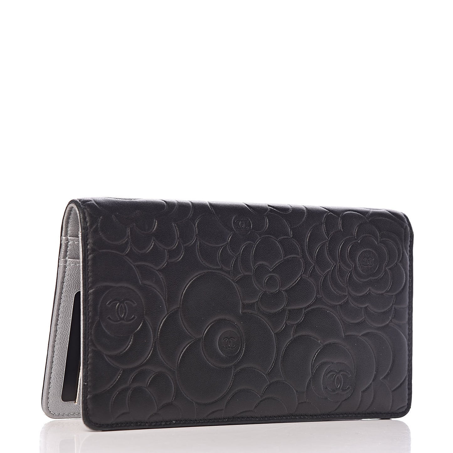 Lambskin Camellia Embossed Yen Wallet Black