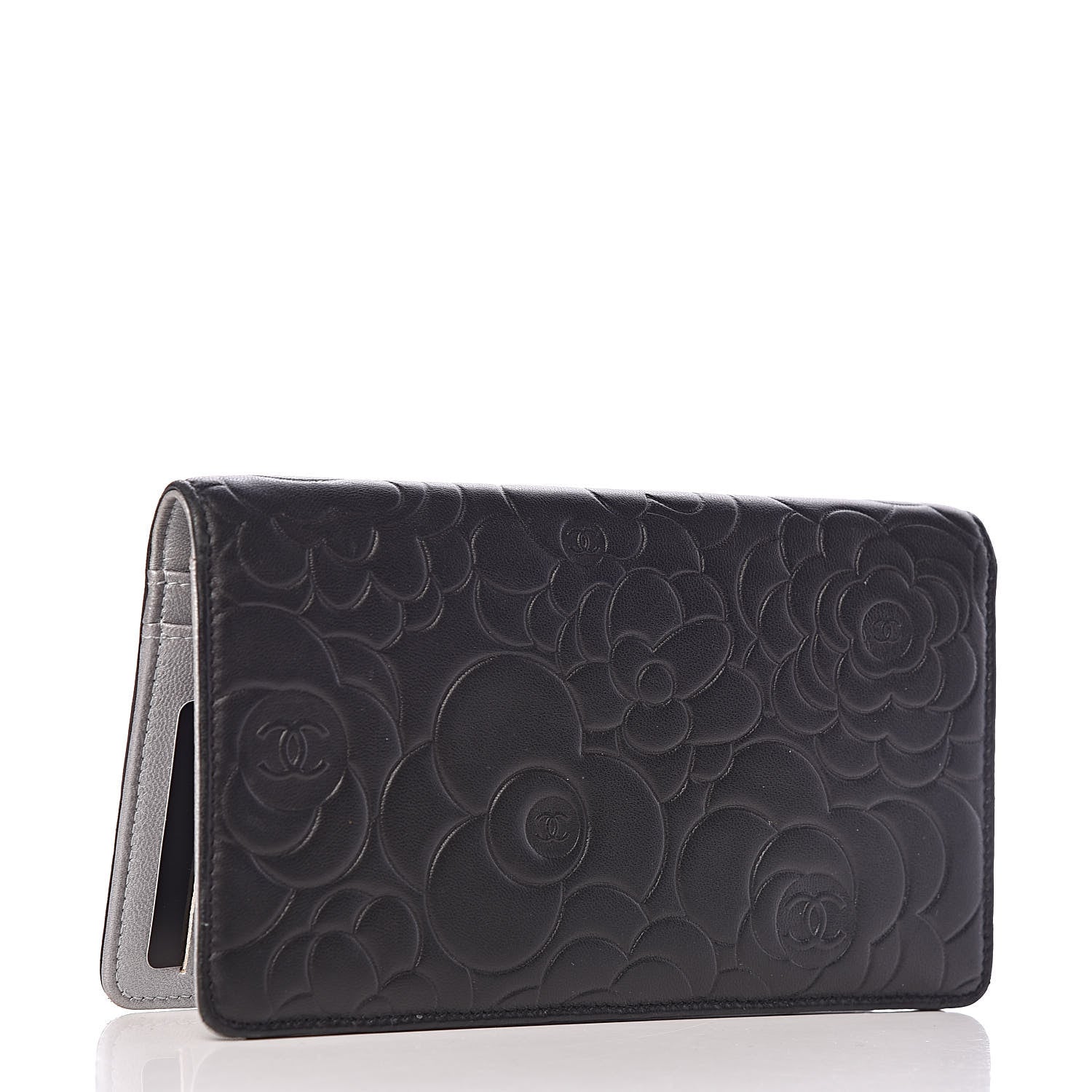 Chanel Lambskin Camellia Embossed Yen Wallet Black 3 of 9