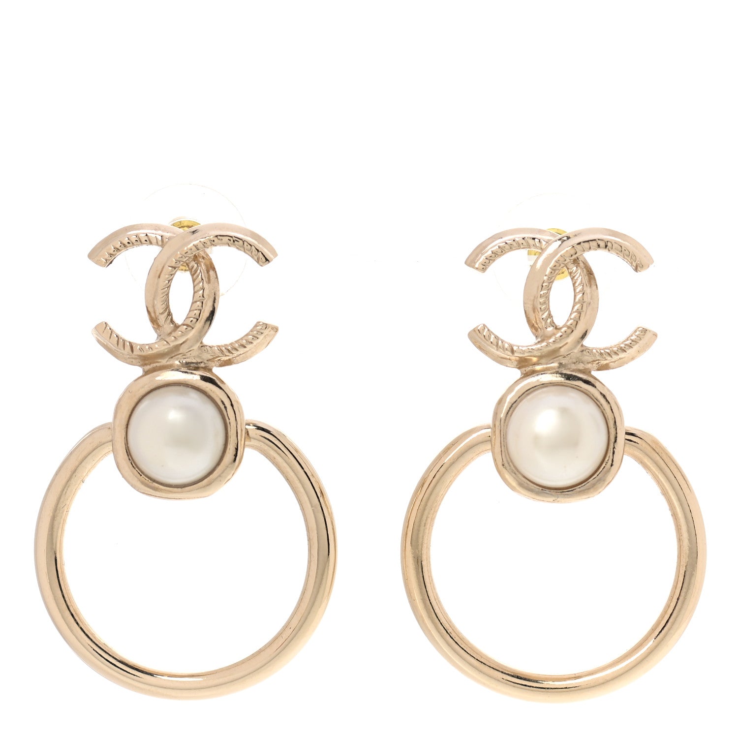 Chanel Metal Pearl CC Hoop Drop Earrings Gold 1 of 5
