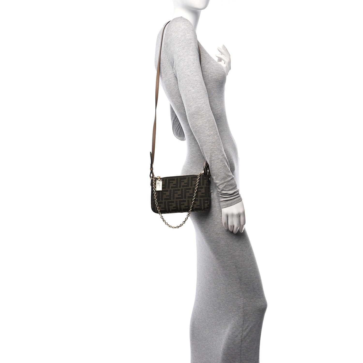 Fendi Fabric Jacquard Vitello Grace FF 1974 Baguette Pouch Tobacco Moro Sand 2 of 8