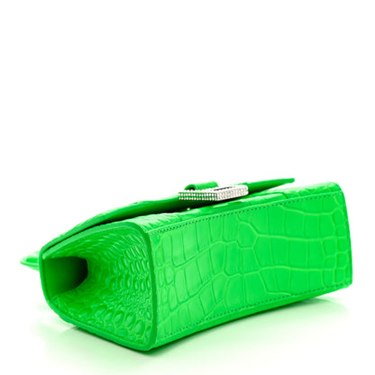 Balenciaga Shiny Calfskin Strass Crocodile Embossed Hourglass Top Handle Bag XS Fluo Green 4 of 13