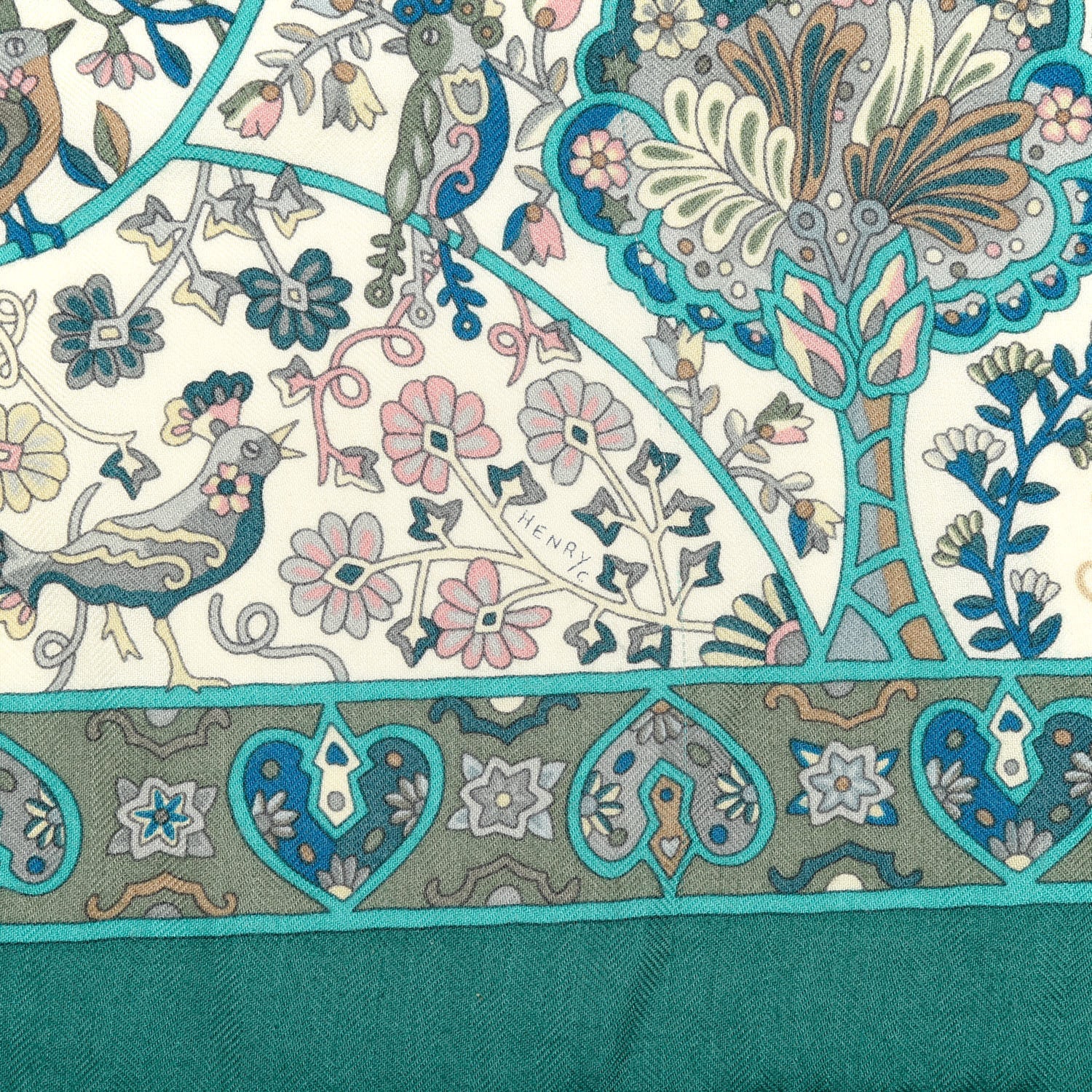 Hermes Cashmere Silk Au Pays Des Oiseaux Fleurs Shawl 140 Vert White Turquoise 3 of 5