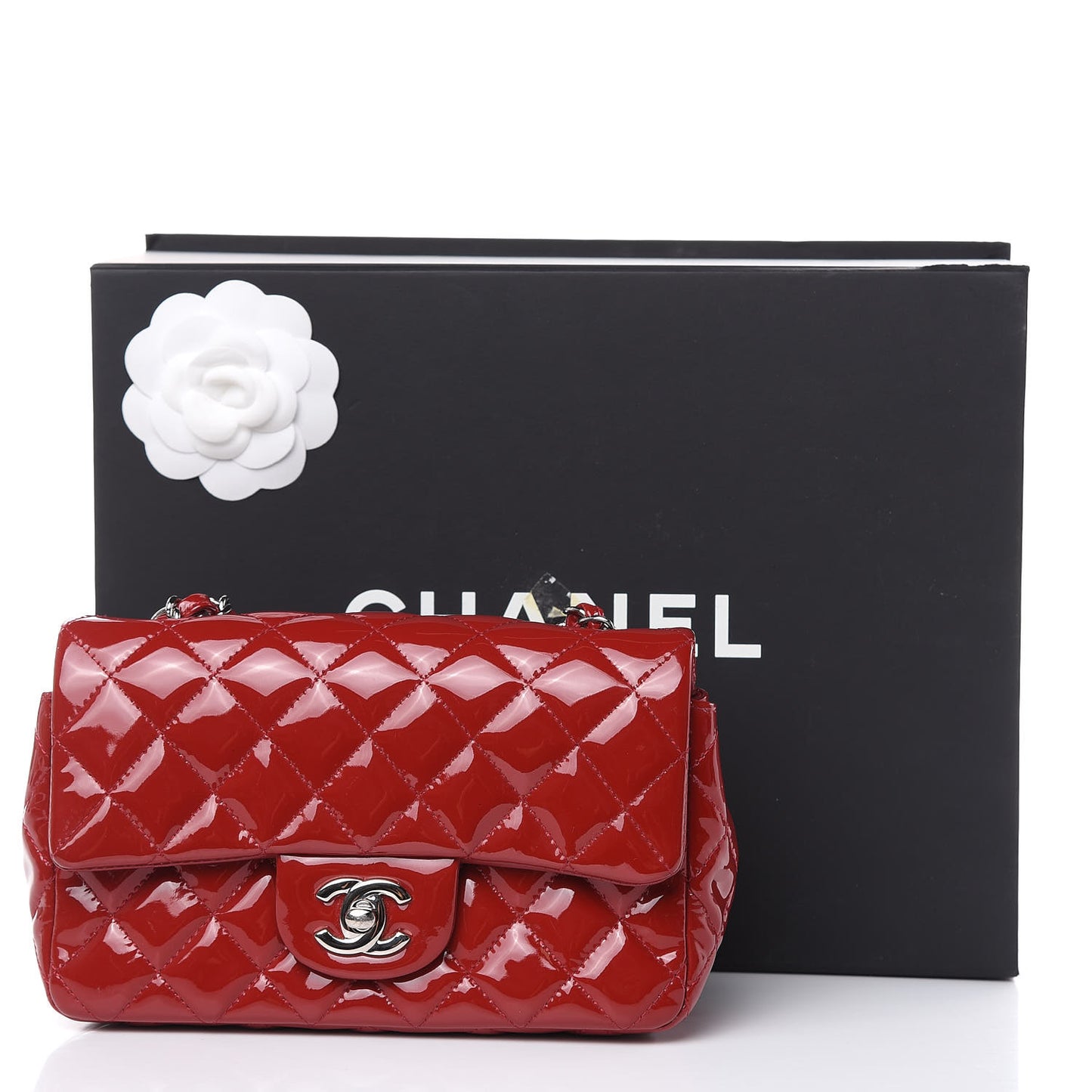 Patent Calfskin Quilted Mini Rectangular Flap Red