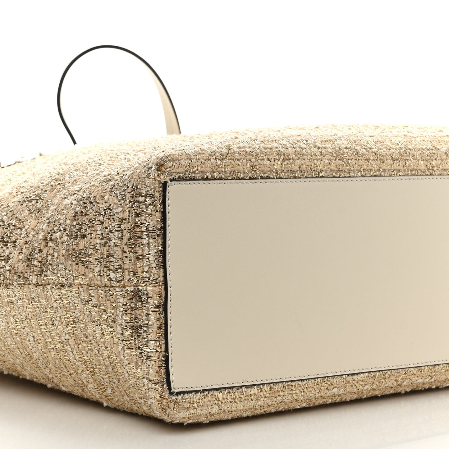 Metallic Boucle Raffia Calfskin Rockstud Shoulder Tote White Gold Ivory
