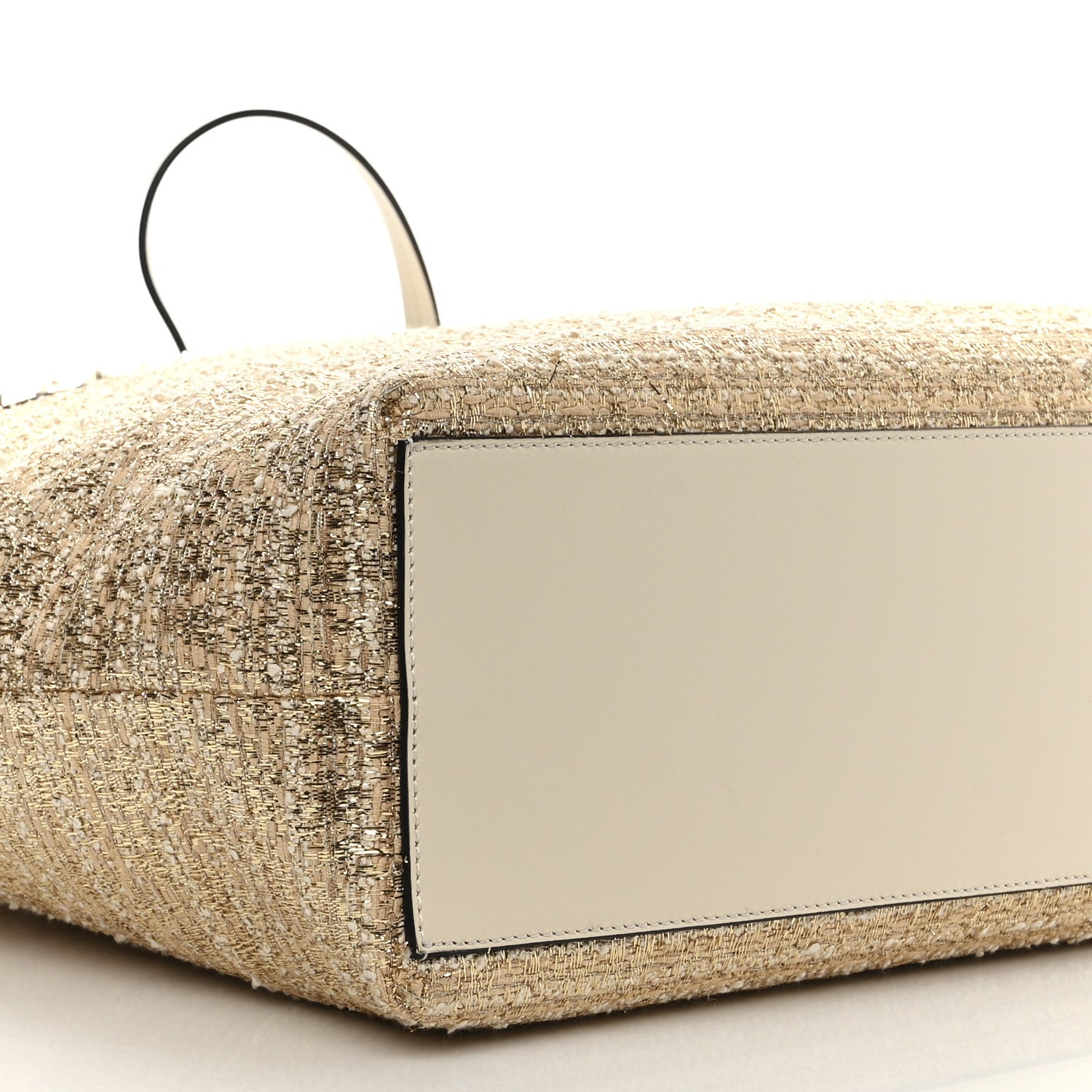 Valentino Garavani Metallic Boucle Raffia Calfskin Rockstud Shoulder Tote White Gold Ivory 8 of 9