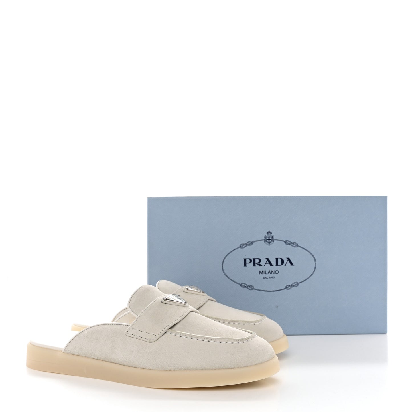 Suede Metal Triangle Logo Saint Tropez 25mm Loafer Mules 38 Talco