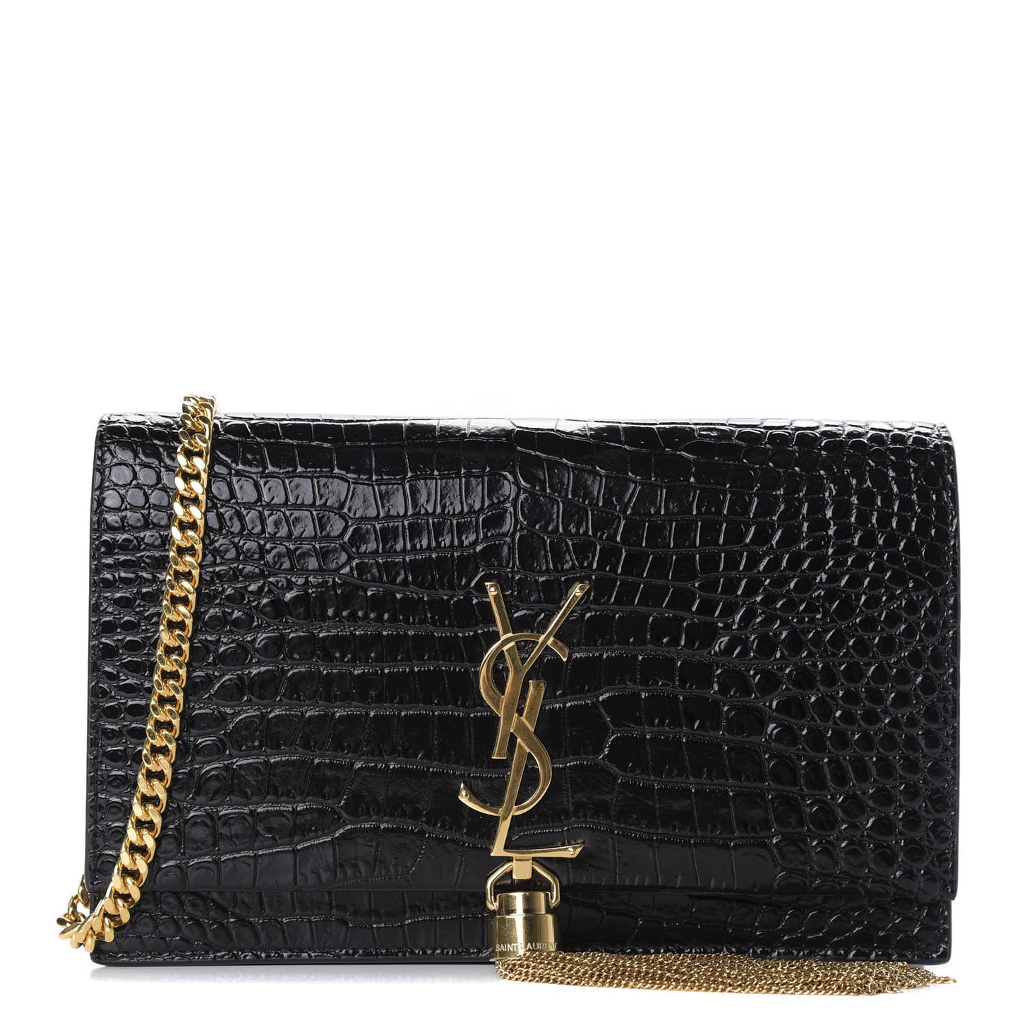 Calfskin Crocodile Embossed Kate Monogram Tassel Chain Wallet Black