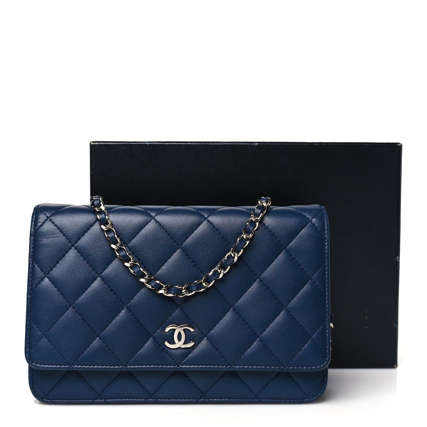 Lambskin Quilted Wallet On Chain WOC Navy Blue
