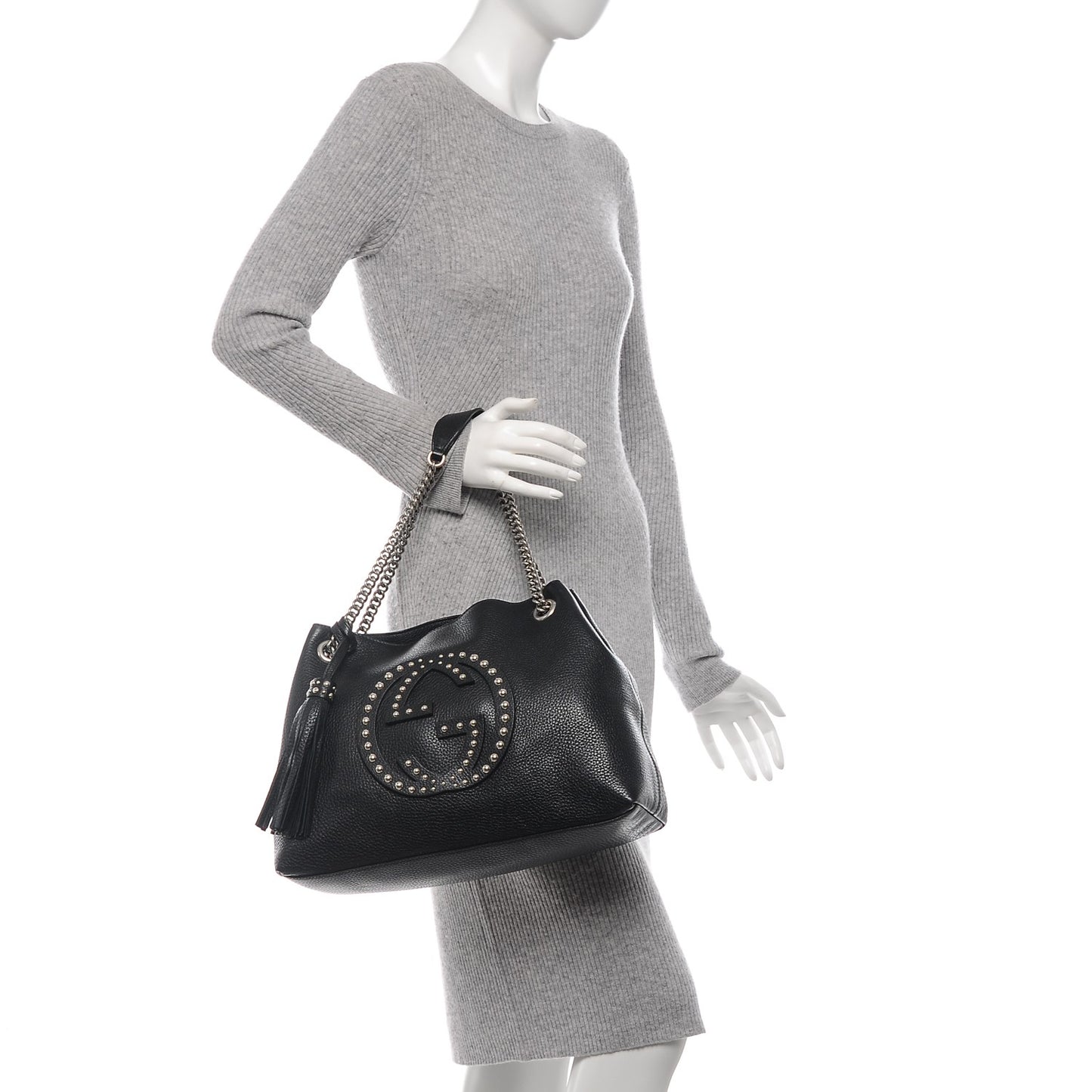 Pebbled Calfskin Studded Medium Soho Chain Shoulder Bag Black