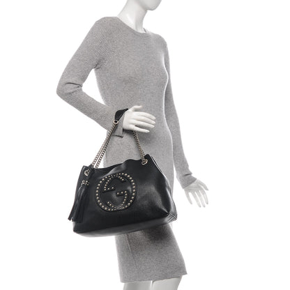 Gucci Pebbled Calfskin Studded Medium Soho Chain Shoulder Bag Black 2 of 7