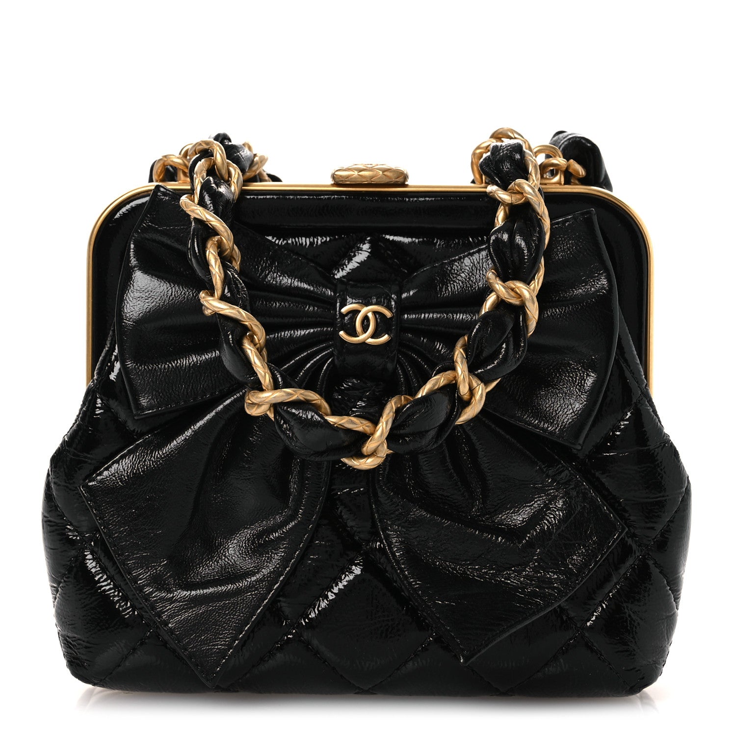 Chanel Patent Crumpled Lambskin Quilted Maxi Bow Clutch With Chain Black 1 of 11