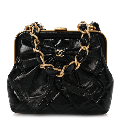 Chanel Patent Crumpled Lambskin Quilted Maxi Bow Clutch With Chain Black 1 of 11