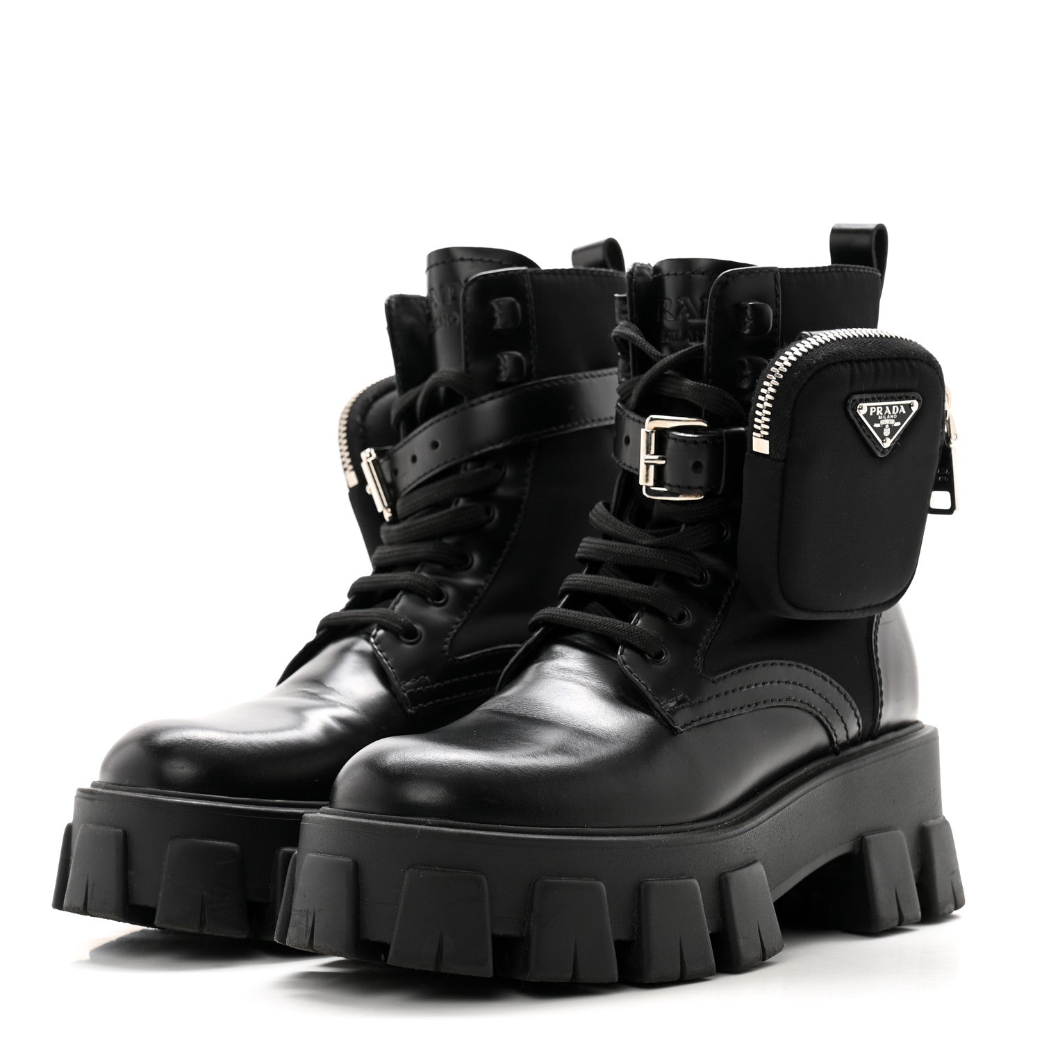 Prada Spazzolato Rois Re-Nylon Metal Triangle Logo Monolith Pouch Pocket 55mm Boots 35.5 Black 3 of 11