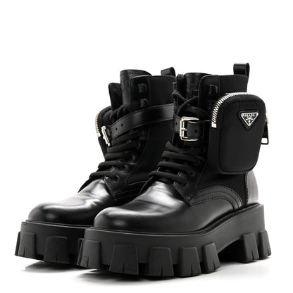 Prada Spazzolato Rois Re-Nylon Metal Triangle Logo Monolith Pouch Pocket 55mm Boots 35.5 Black 3 of 11