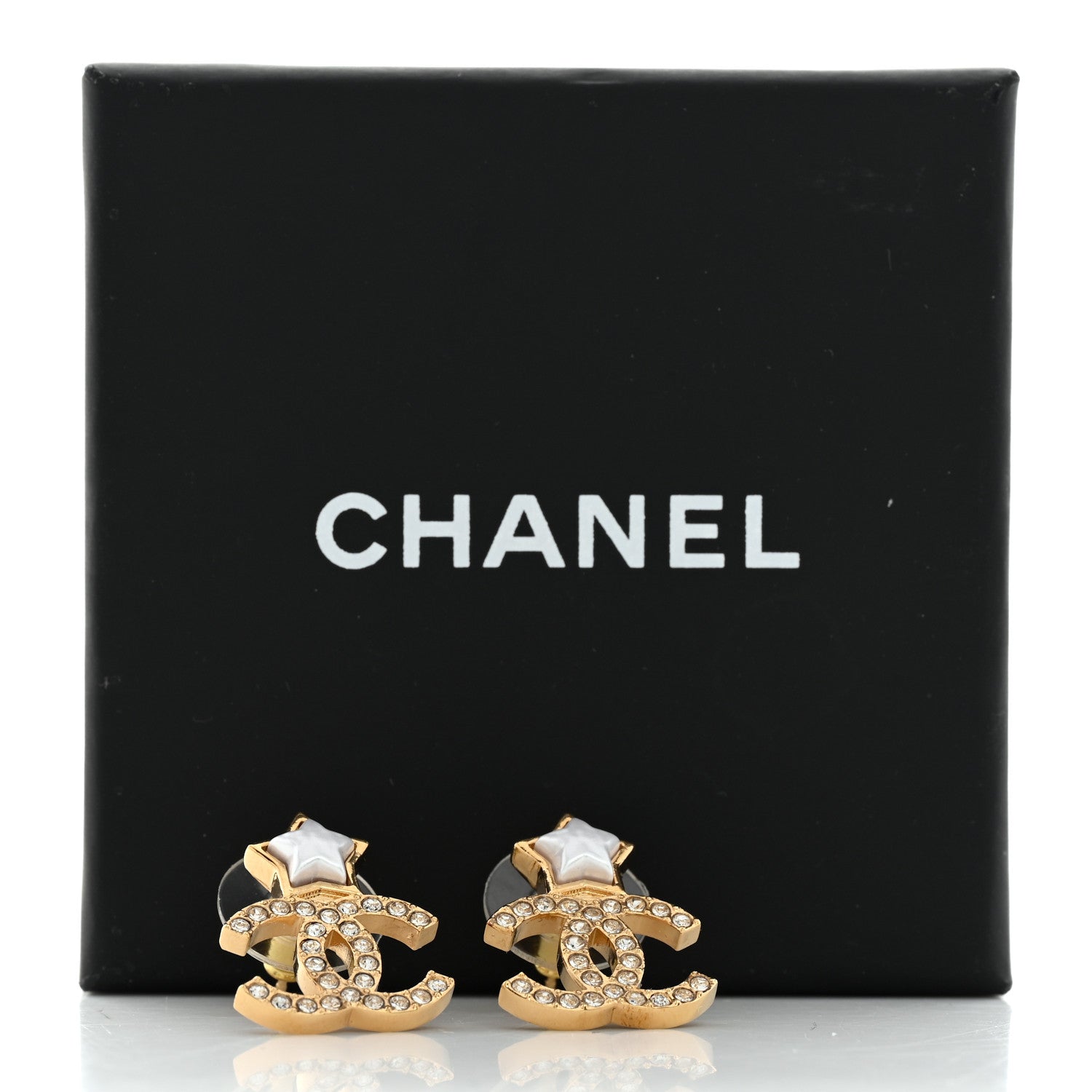 Chanel Metal Crystal Pearl CC Star Earrings Gold Pearly White 5 of 5