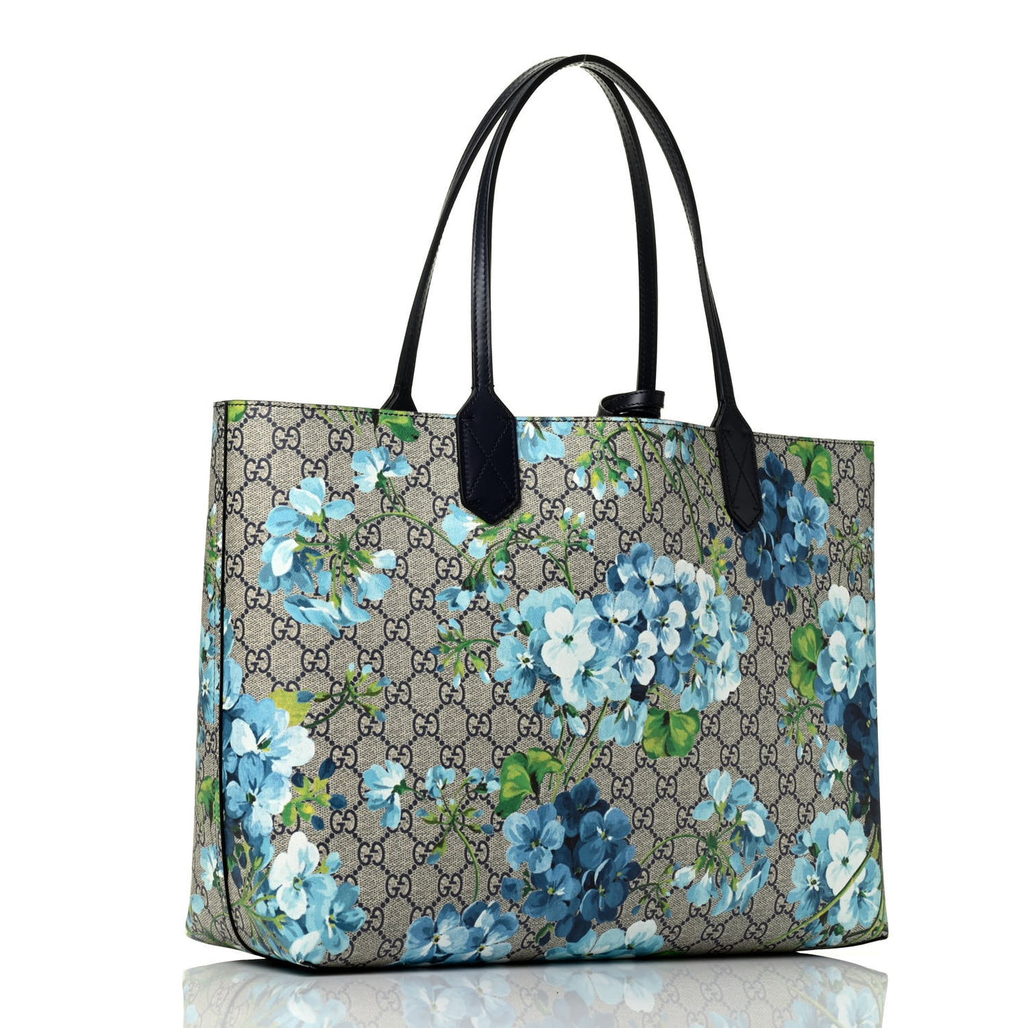 GG Supreme Monogram Blooms Medium Reversible Tote Beige Blue Navy