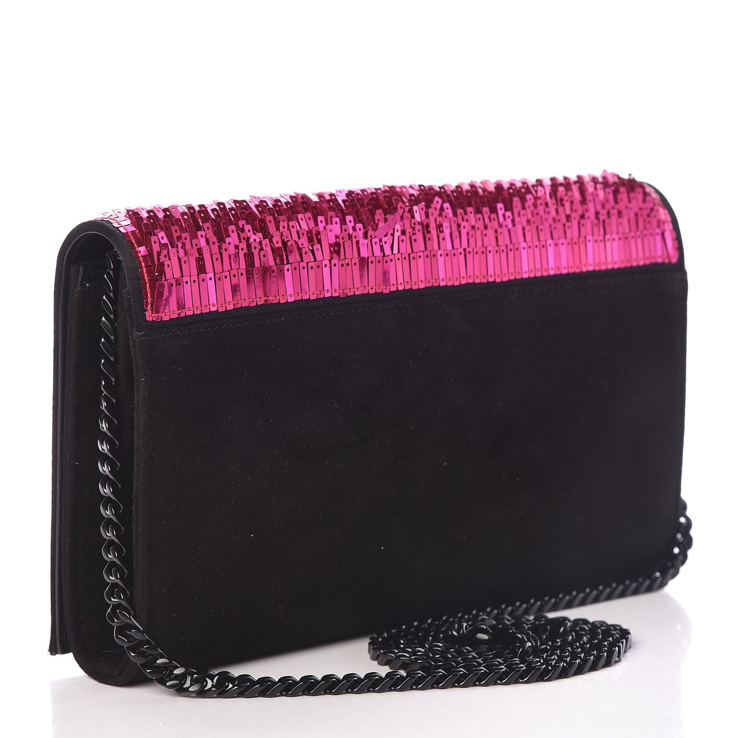 Sequin Suede Monogram Chain Wallet Fuchsia Black