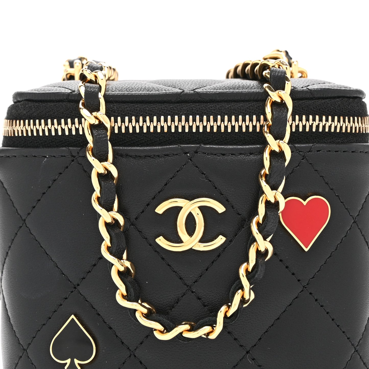 Lambskin Quilted Enamel Coco Casino Mini Vanity Case With Chain Black