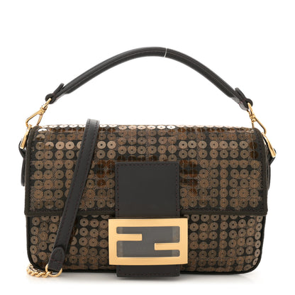Fendi Fabric Jacquard Paillettes Vitello Seta FF 1974 Mini Baguette Testa di Moro Real Ebano 1 of 11