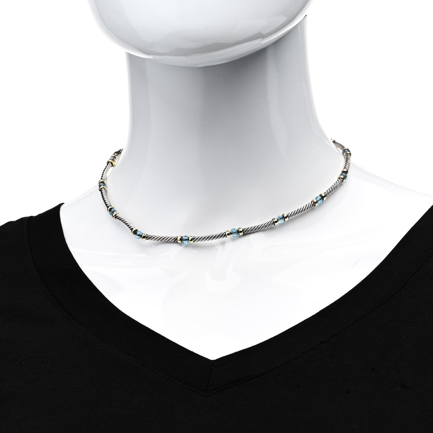 Sterling Silver 14K Yellow Gold Blue Topaz Hampton Cable Choker Necklace