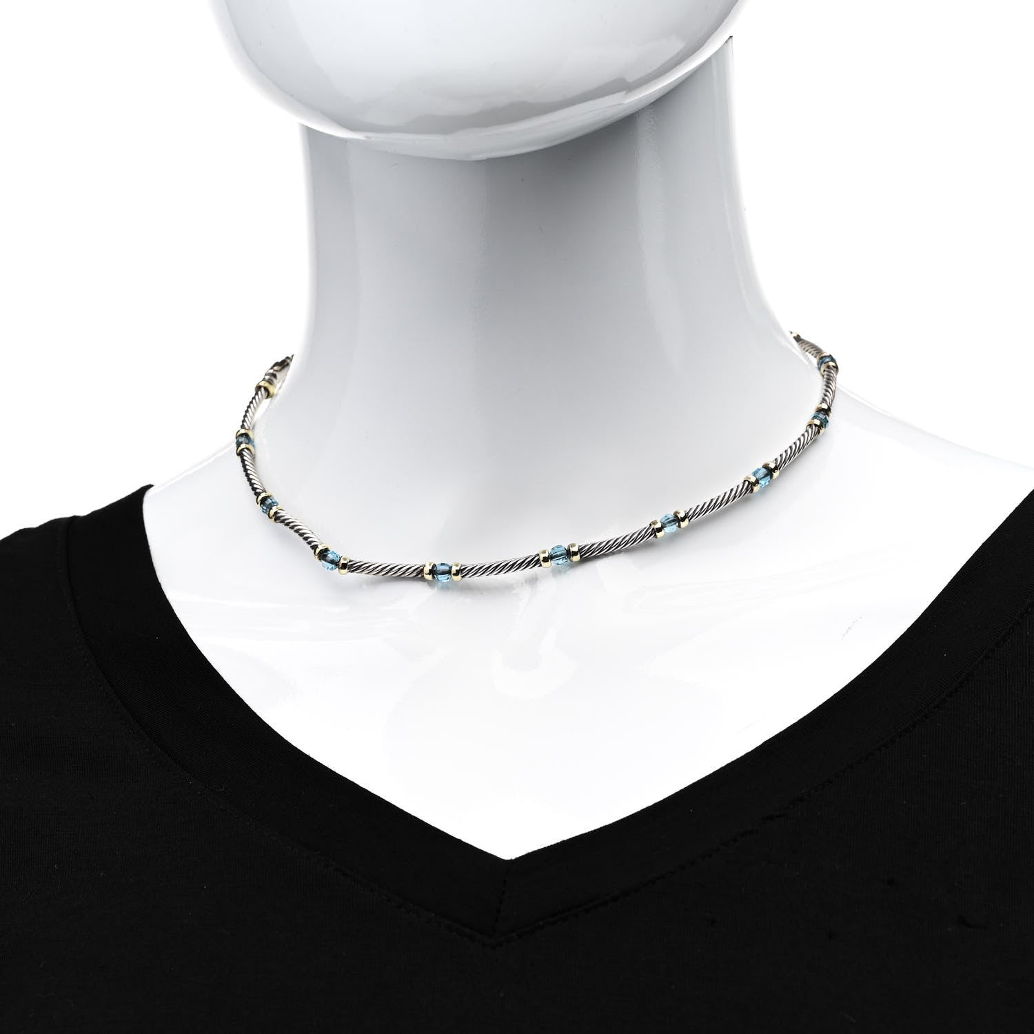 David Yurman Sterling Silver 14K Yellow Gold Blue Topaz Hampton Cable Choker Necklace 2 of 4