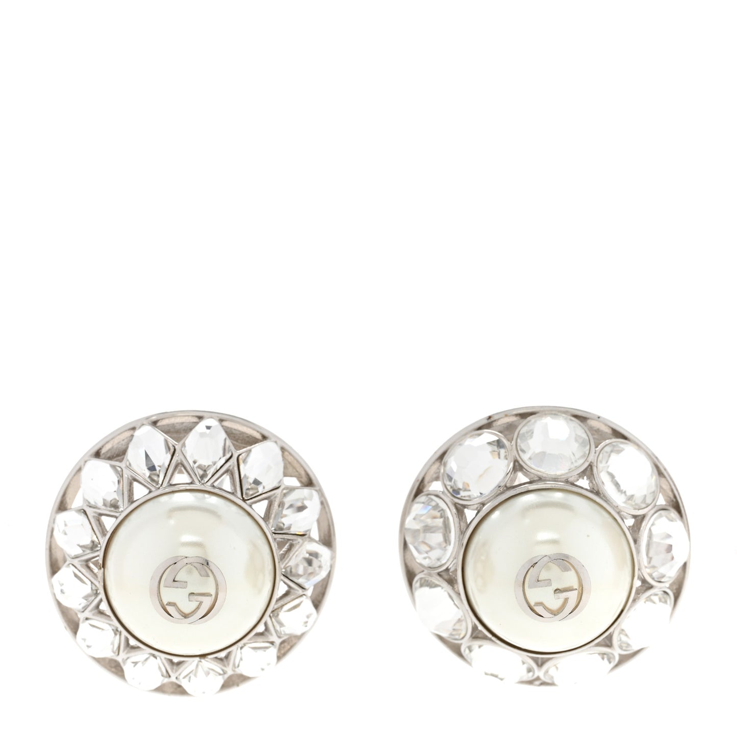 Pearl Crystal Interlocking G Clip On Earrings Silver