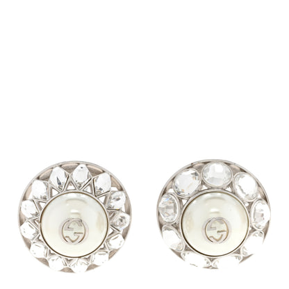 Gucci Pearl Crystal Interlocking G Clip On Earrings Silver 1 of 5