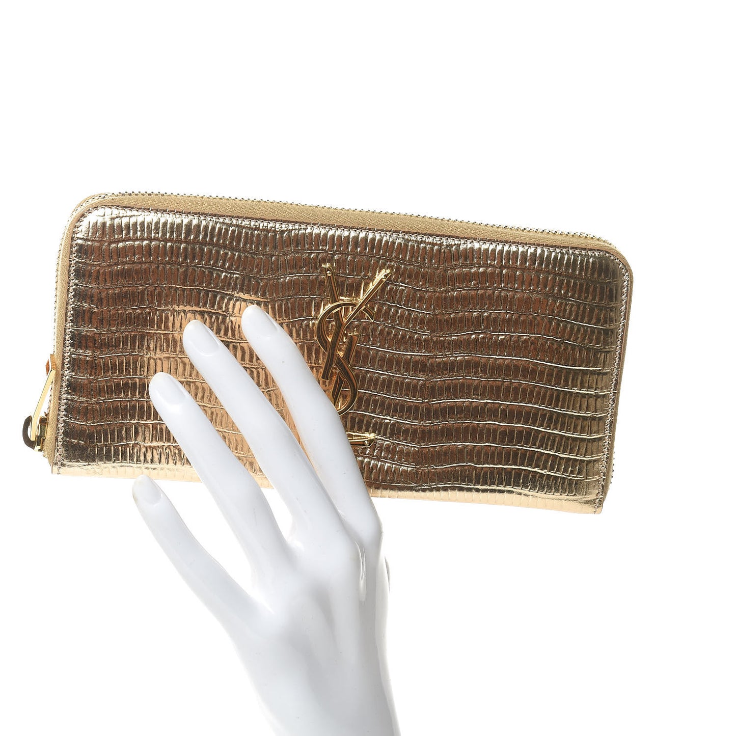 Lizard Calfskin Embossed Monogram Zip Around Wallet Gold