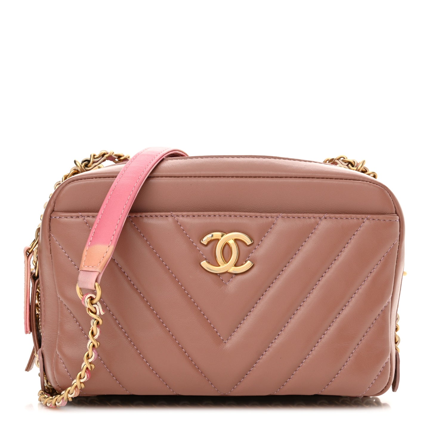 Lambskin Chevron Quilted Chain Around Camera Case Pink