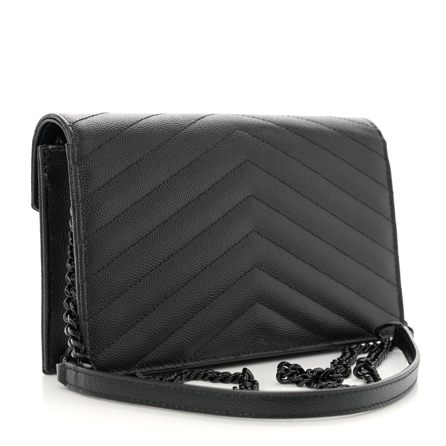 Saint Laurent Grain De Poudre Matelasse Chevron Monogram Monochrome Envelope Chain Wallet Black 2 of 11