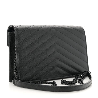Saint Laurent Grain De Poudre Matelasse Chevron Monogram Monochrome Envelope Chain Wallet Black 2 of 11