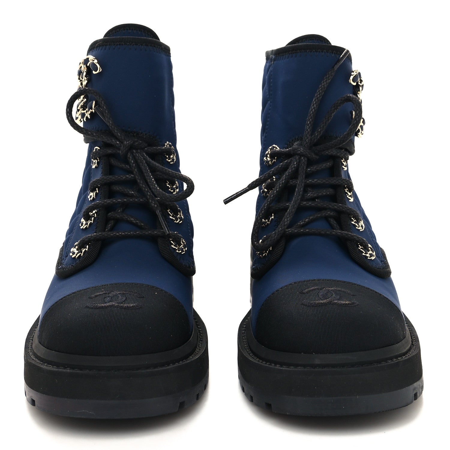 Chanel Fabric Grosgrain Quilted Cap Toe Lace Up Combat Boots 36 Navy Black 2 of 7