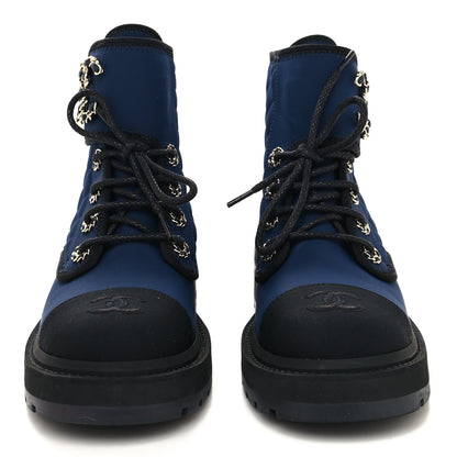 Chanel Fabric Grosgrain Quilted Cap Toe Lace Up Combat Boots 36 Navy Black 2 of 7