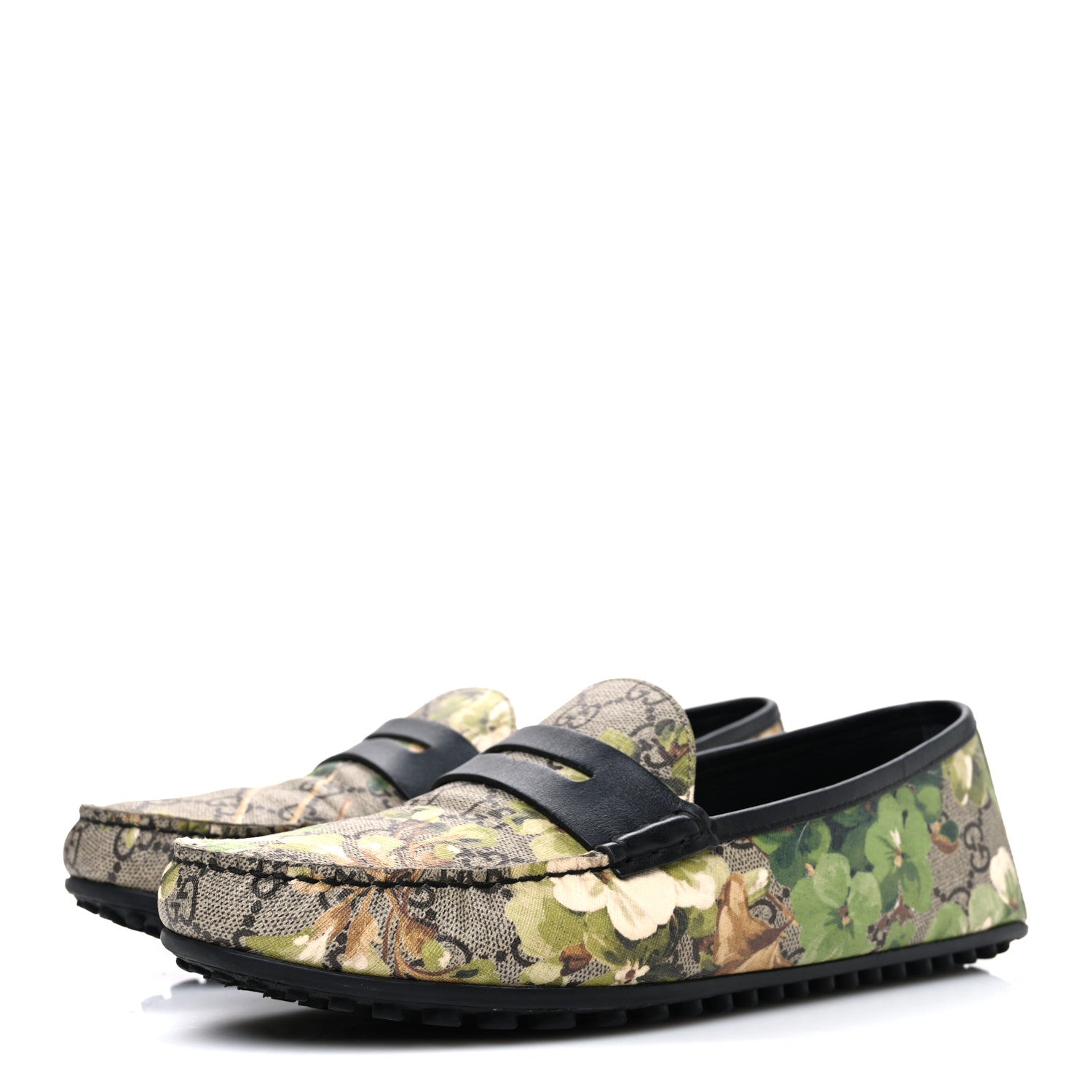 Gucci GG Supreme Monogram Blooms Mens Driver Loafers 7 Beige New Military Black 4 of 11