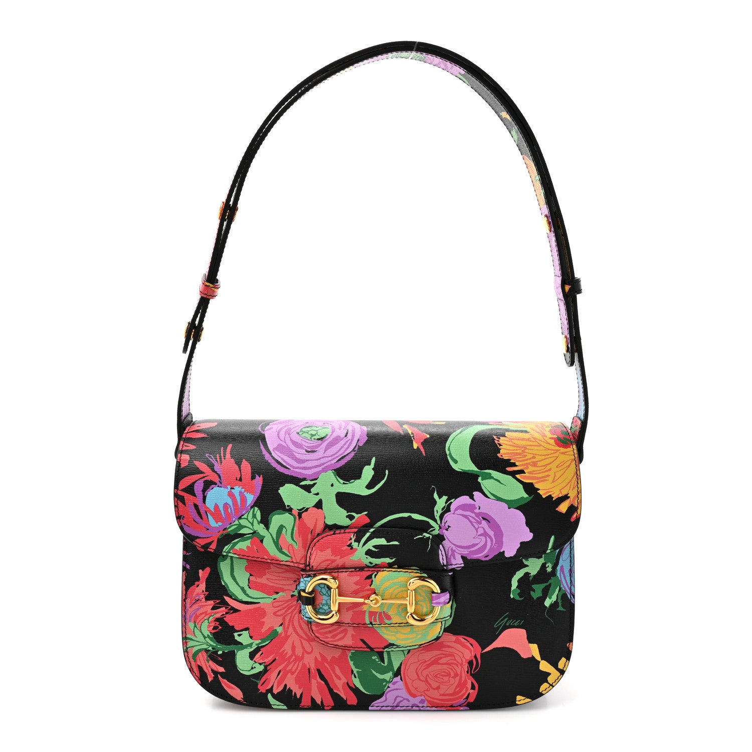 Gucci X KEN SCOTT New Shangai Calfskin Jenny Floral Print Horsebit 1955 Shoulder Bag Black Pink 1 of 10