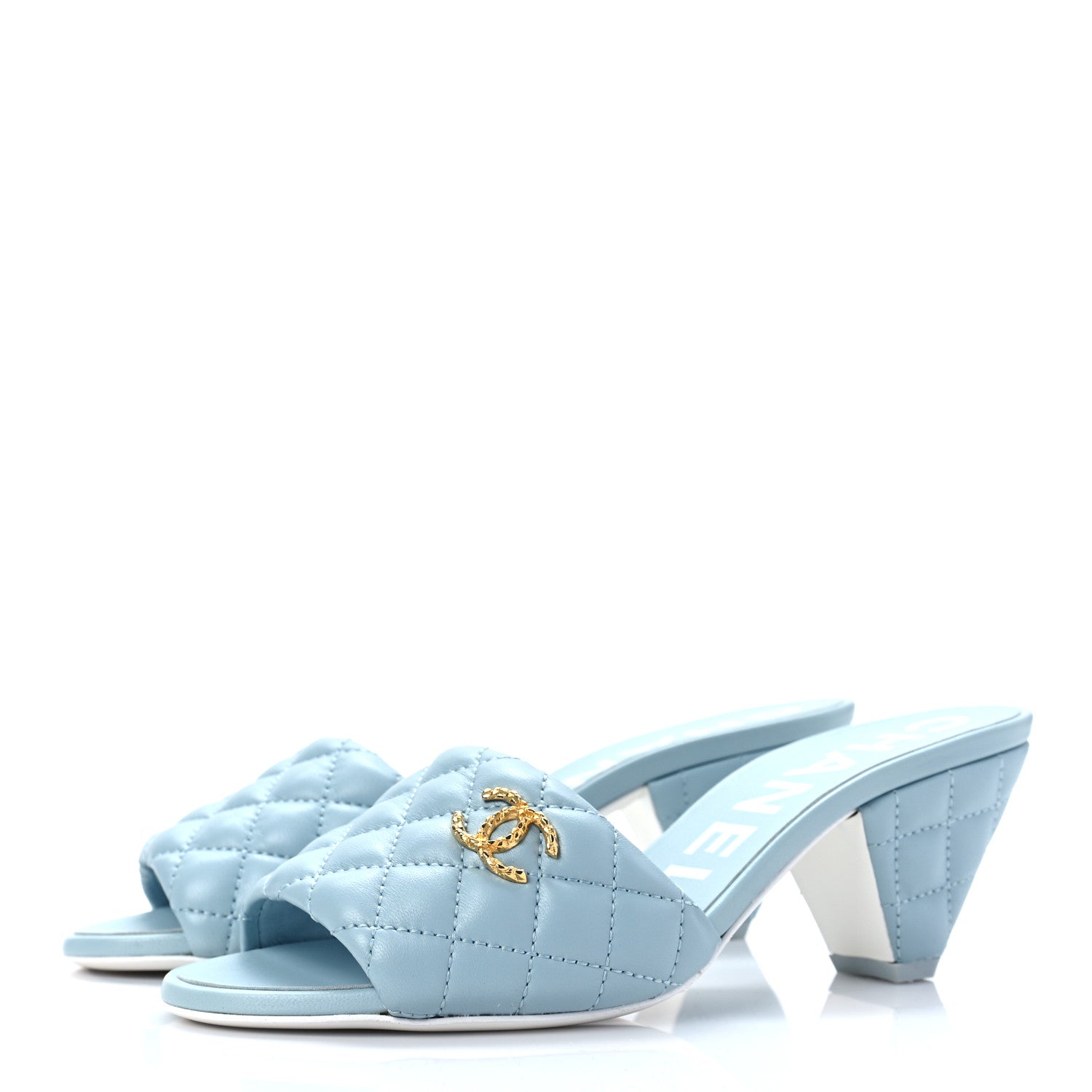 Chanel Lambskin Quilted Textured CC Mules 37.5 Light Blue 1183686
