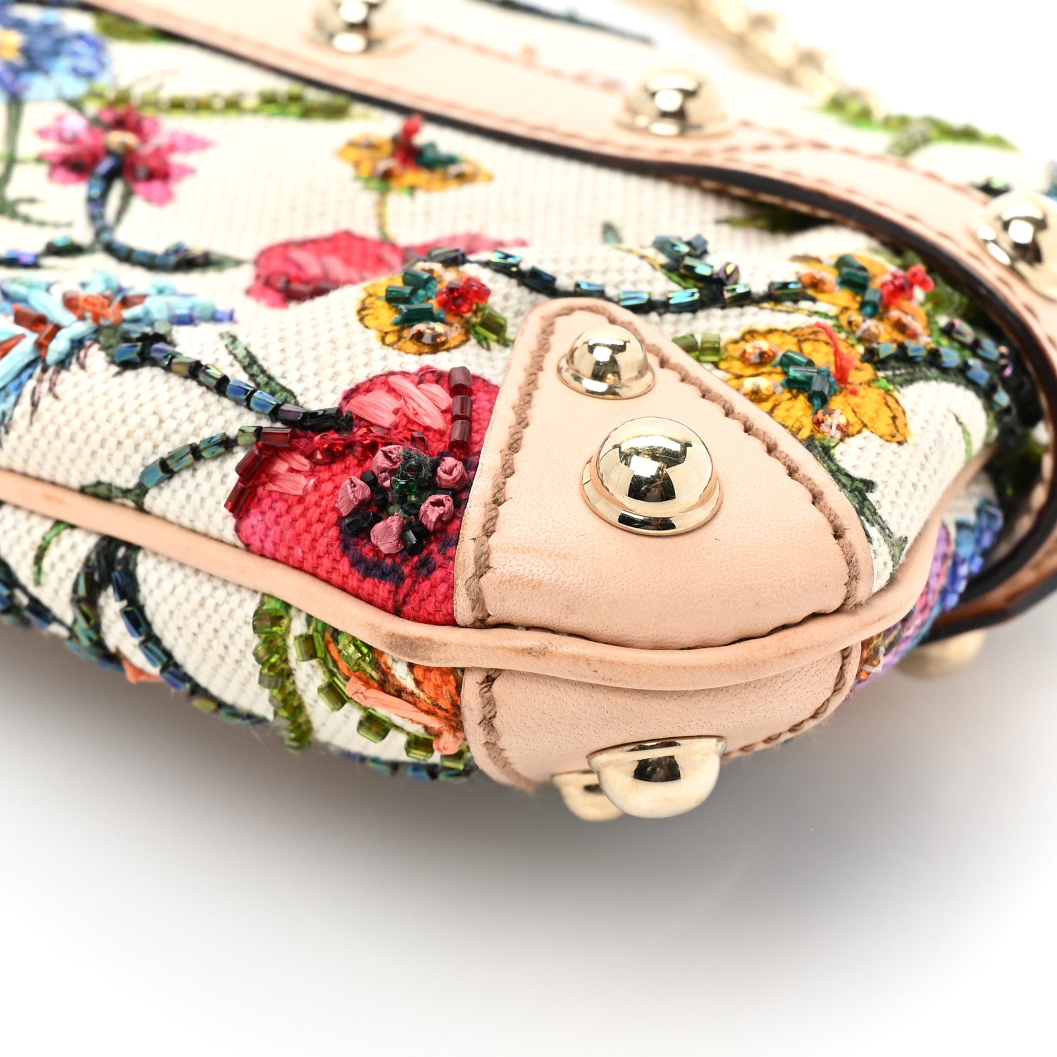 Gucci Canvas Flora Floral Beaded Small Horsebit Chain Clutch White