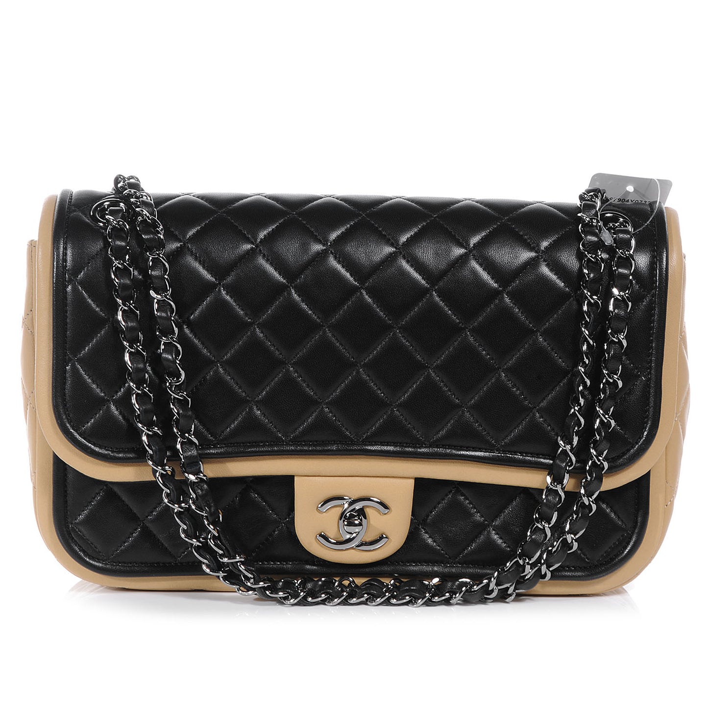 Lambskin Quilted Jumbo Classic Twist Flap Bag Black Beige