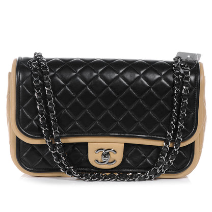 Chanel Lambskin Quilted Jumbo Classic Twist Flap Bag Black Beige 1 of 8