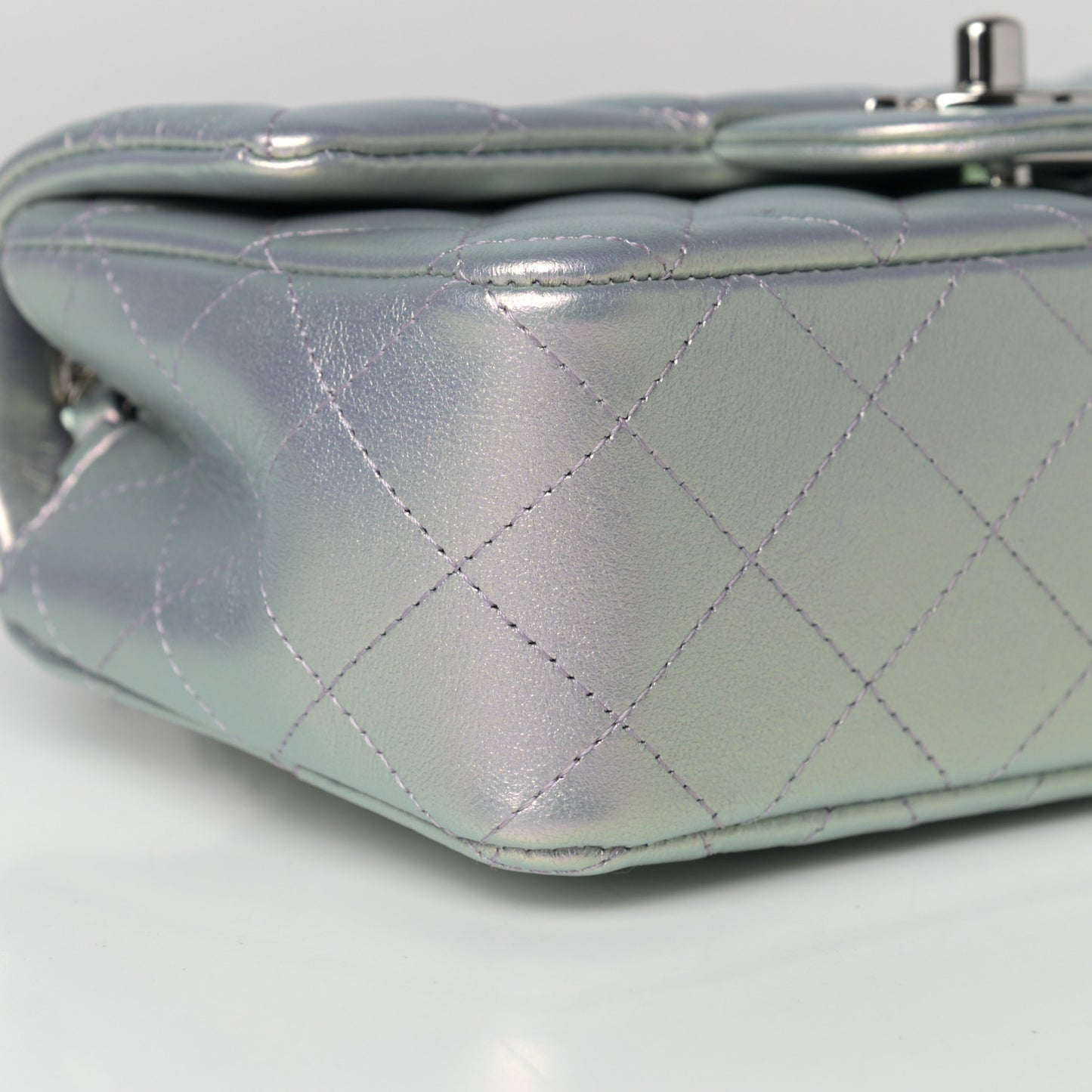 Iridescent Calfskin Quilted Mini Rectangular Flap Light Blue