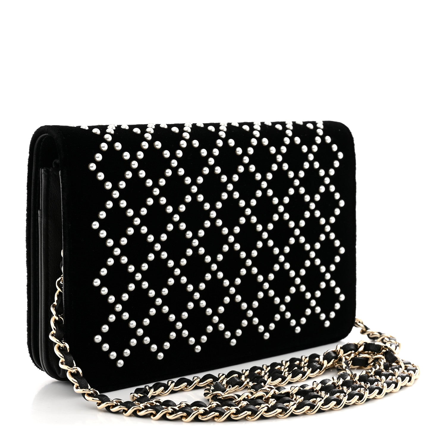 Chanel Velvet Pearl Diamond Embellished Wallet On Chain WOC Black 3 of 12