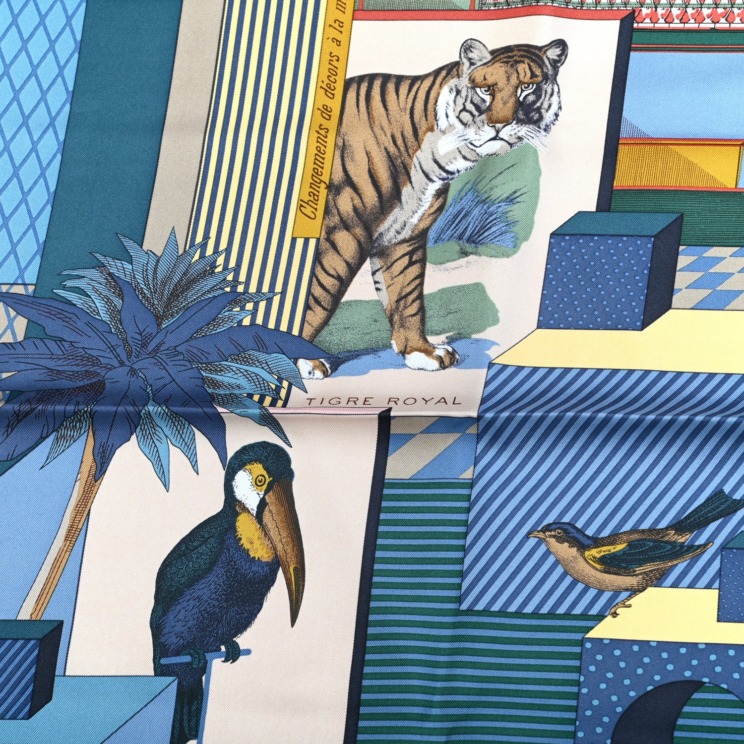 Hermes Silk Twill Grande Theatre Nouveau Scarf 90 Bleu Jean Vert Moutarde 8 of 8