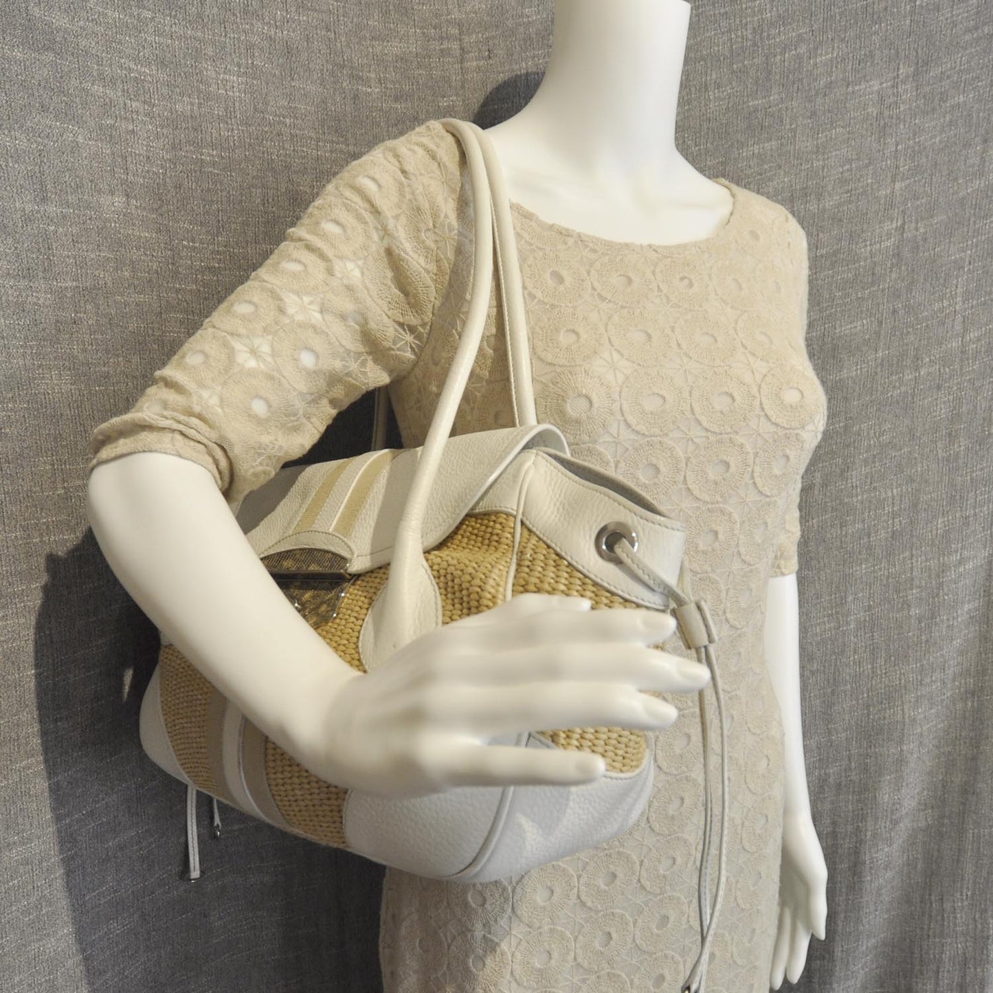 Straw Leather Antic Easy Foldover Pushlock Satchel White