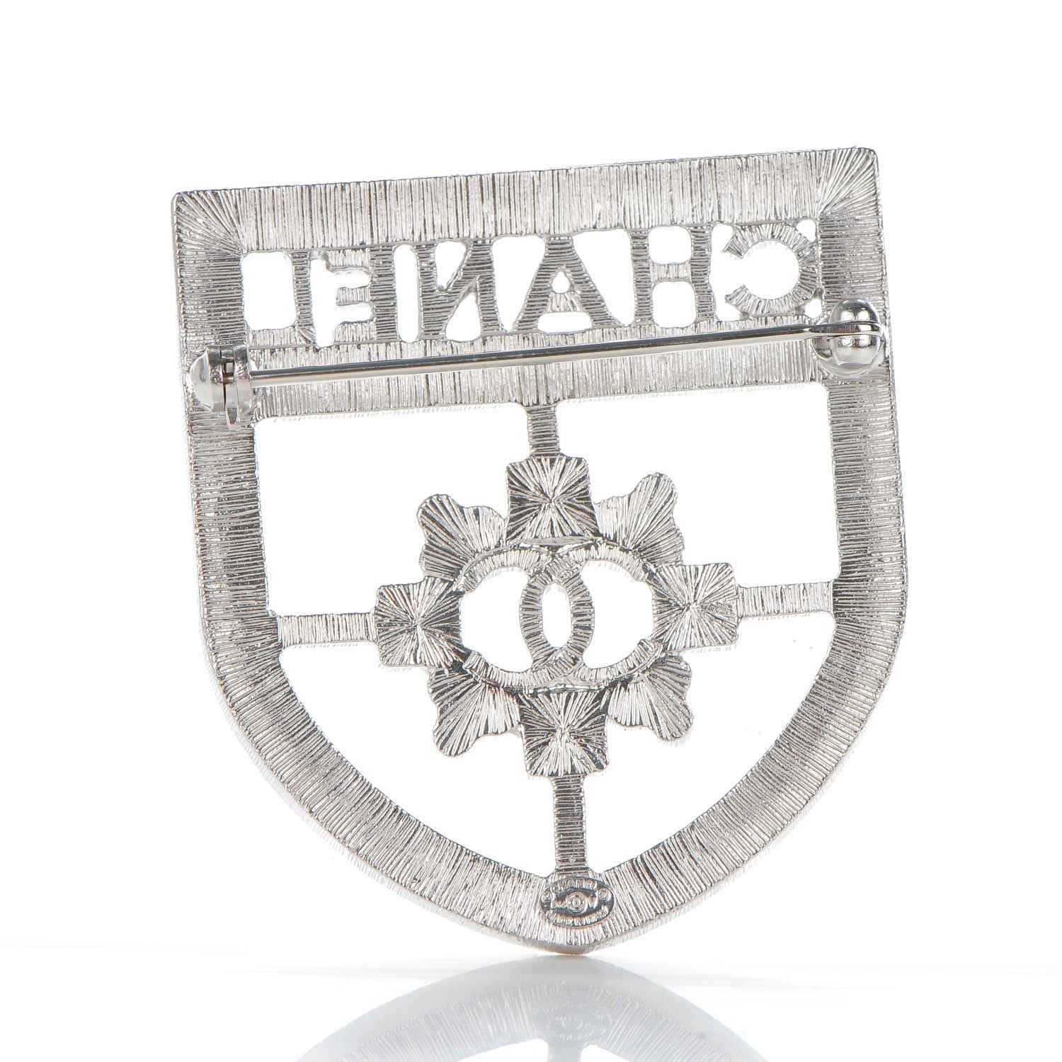 Chanel Swarovski Baguette Crystal CC Shield Brooch Silver 3 of 5