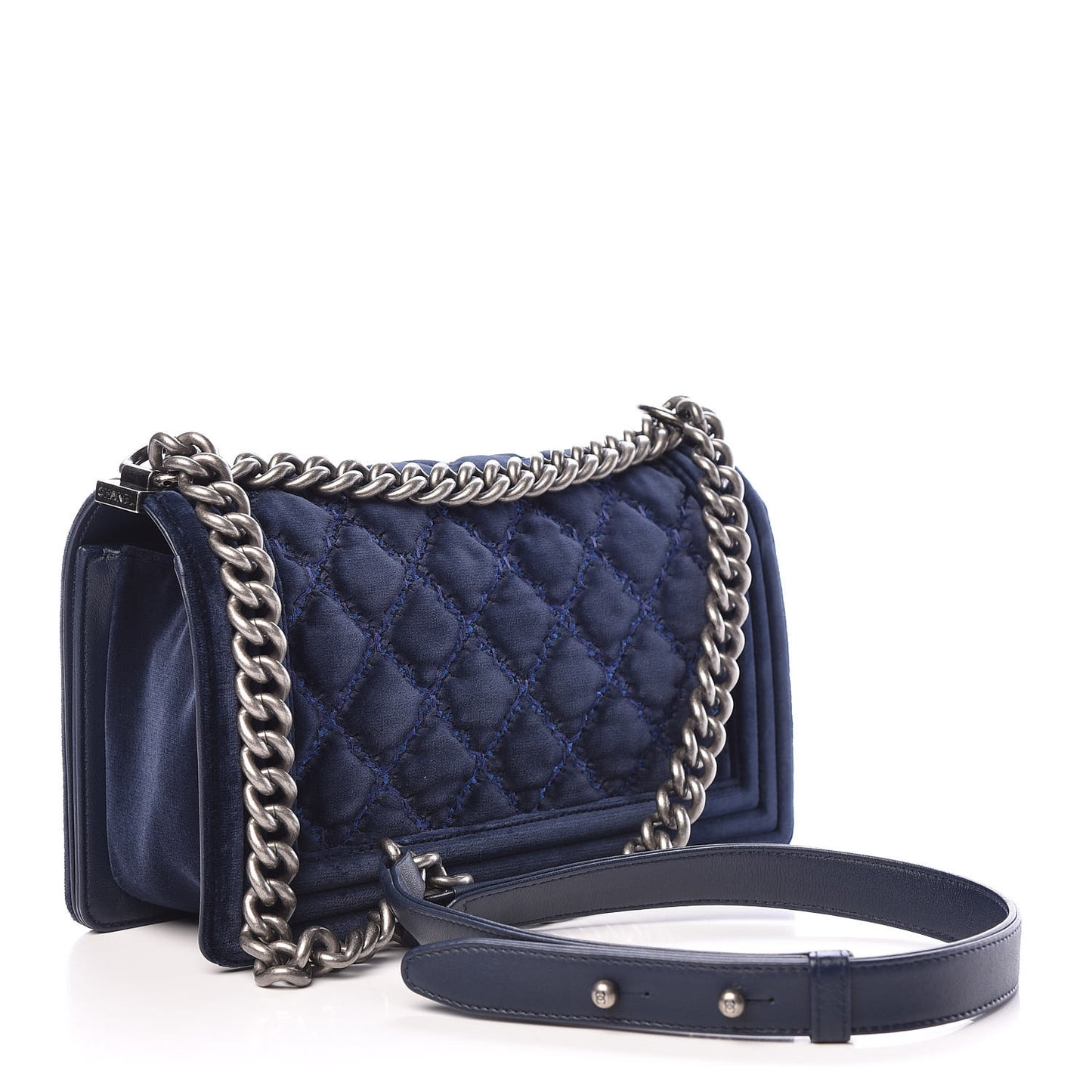 Velvet Tweed Quilted Medium Boy Flap Dark Navy Blue