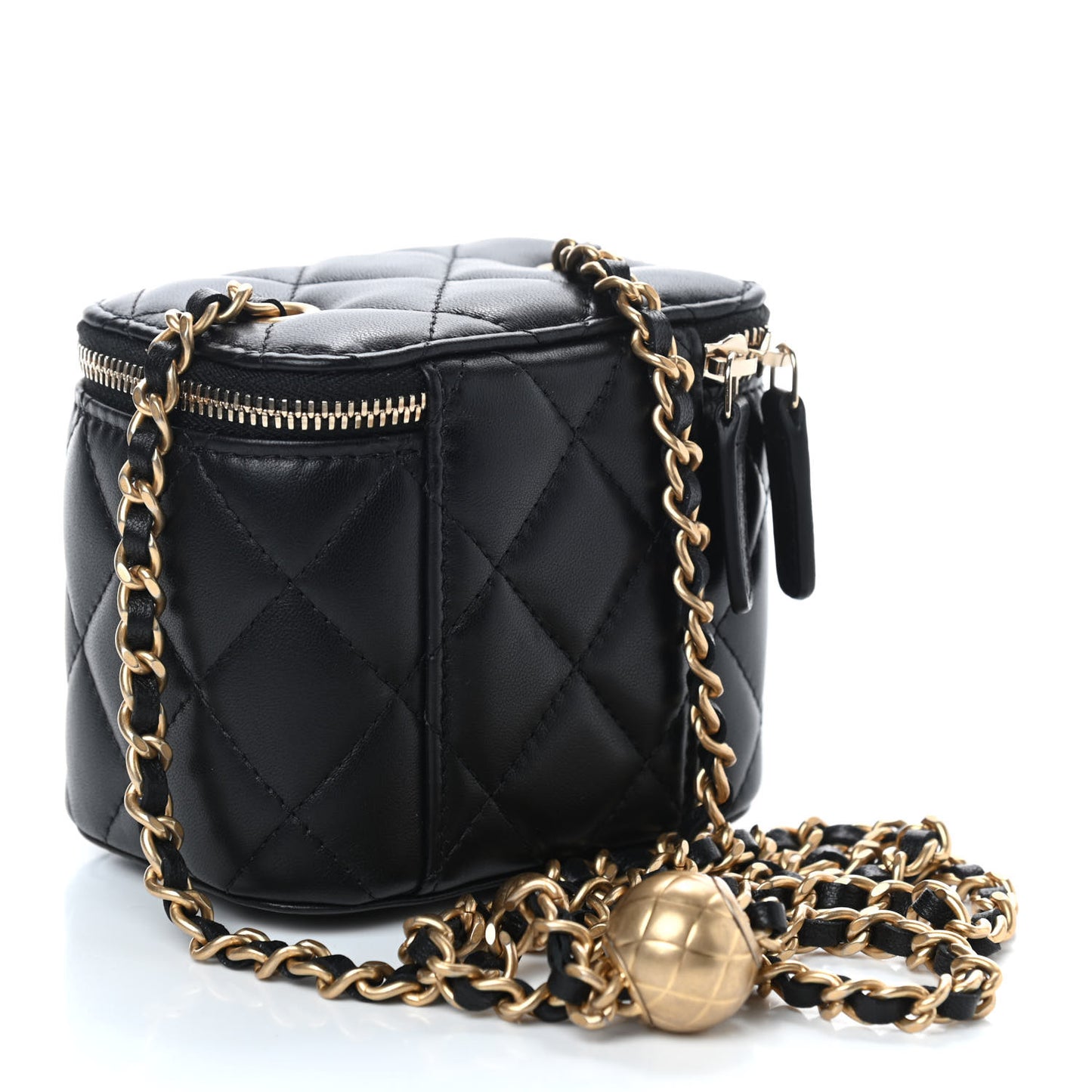 Lambskin Quilted Mini Pearl Crush Vanity Case With Chain Black