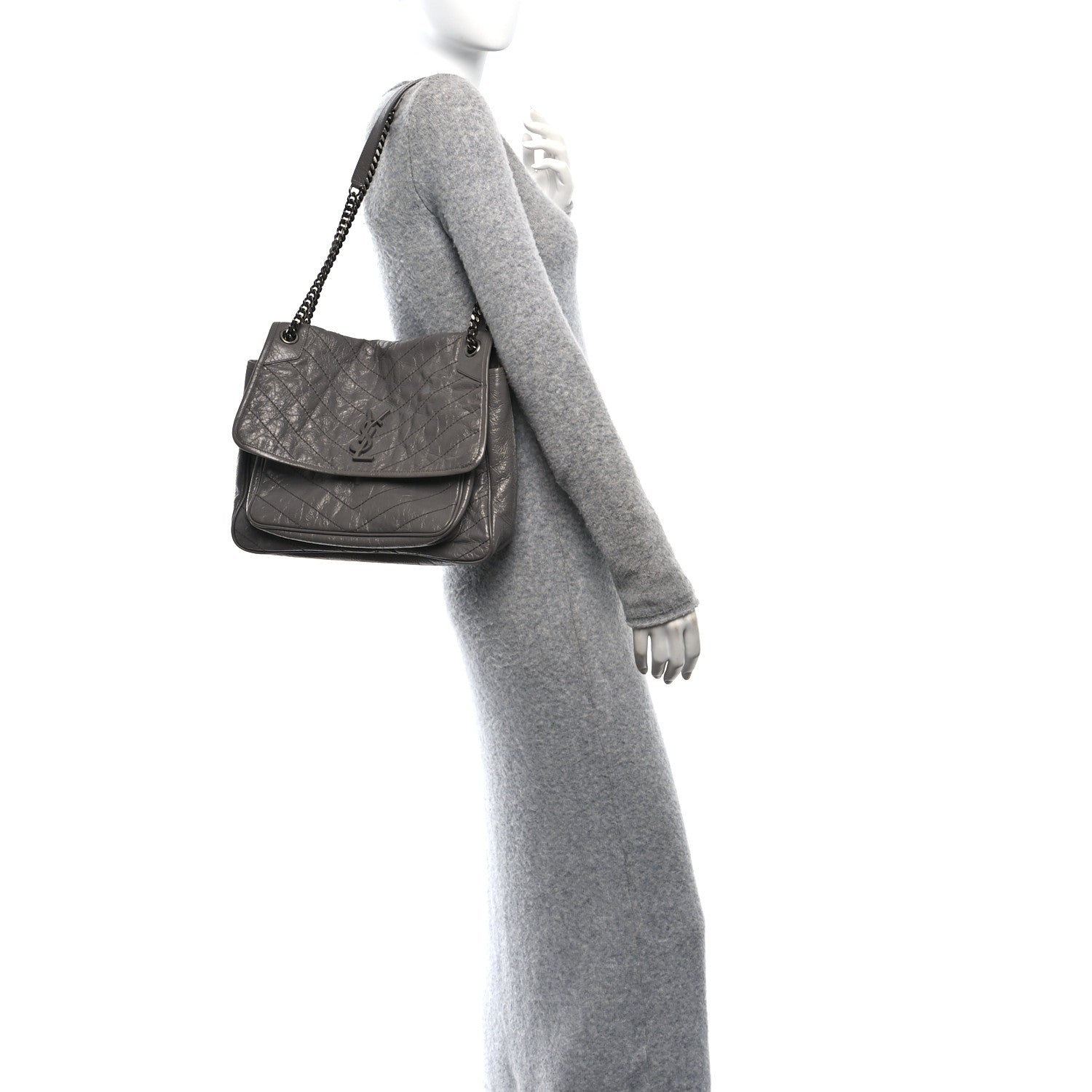 Saint Laurent Crinkled Calfskin Matelasse Monogram Large Niki Chain Satchel Storm 2 of 10