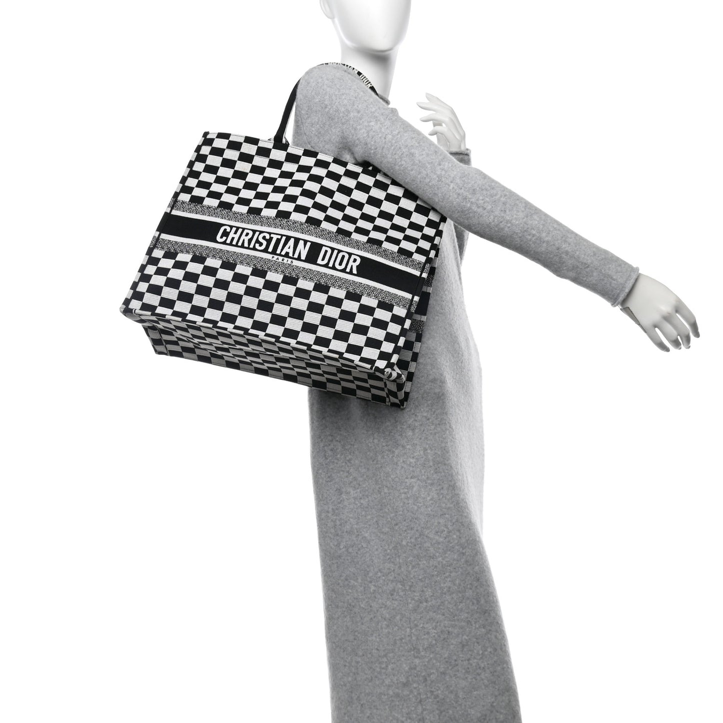 Canvas Embroidered Checkered Book Tote Black White
